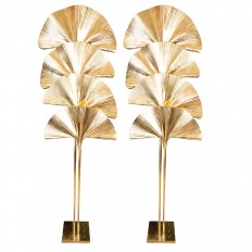 Pair of tall brass frond form floor lamps